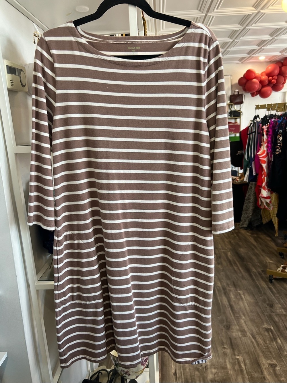 Garnet Hill Taupe and White Striped Jersey shirt Dress
